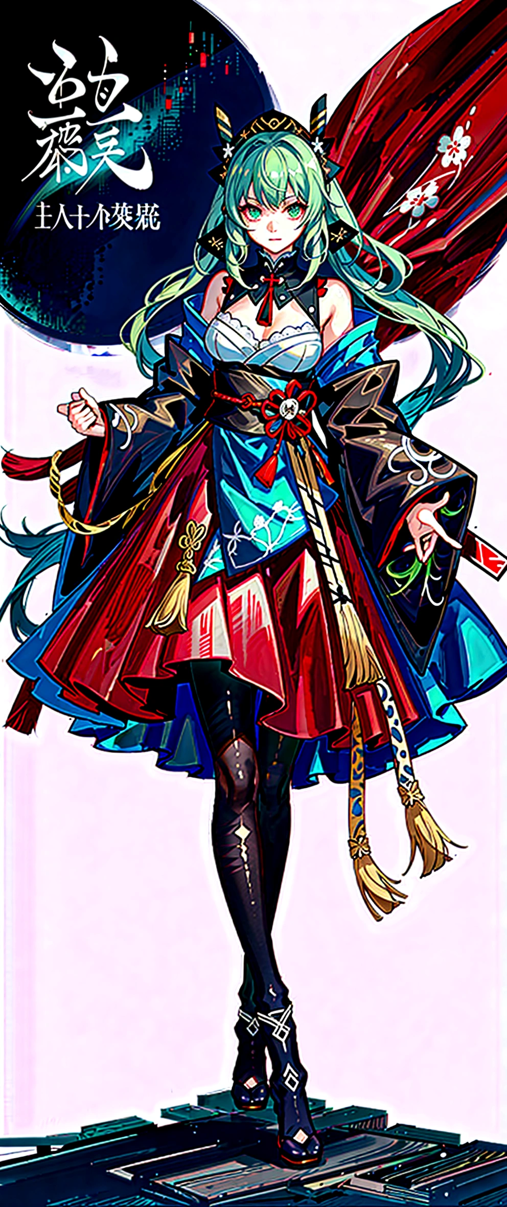 Yamata no Orochi personified))) (Beautiful woman in training), Snake print tights, (((Japanese style clothing, gothic, lolita))) (Dark green hair), (Holding a Japanese sword)