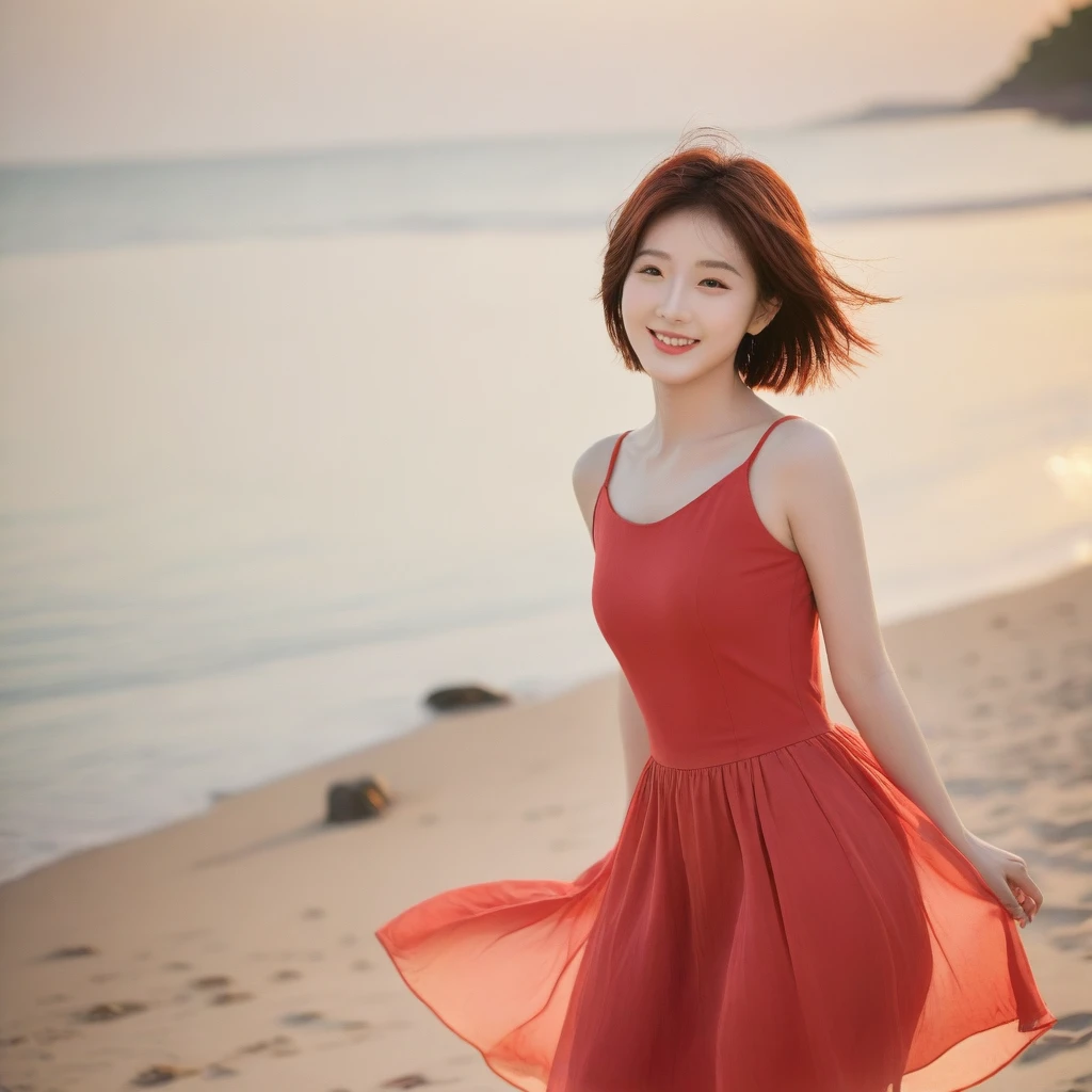 beautiful korean girl, Chest size 34 inches, Wear sleeveless, light skirt, Sunset The entire beach is dyed red. beautiful pretty woman look , wearing a light skirt , Go far into the sea water and dip your toes., Short medium hair blowing in the wind, 1 woman, beautiful eyes, a little smile, Full body shot from a distance with a wide angle lens