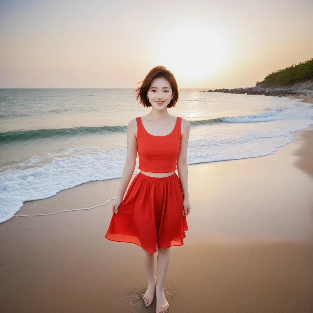 beautiful korean girl, Chest size 34 inches, Wear sleeveless, light skirt, Sunset The entire beach is dyed red. beautiful pretty woman look , wearing a light skirt , Go far into the sea water and dip your toes., Short medium hair blowing in the wind, 1 woman, beautiful eyes, a little smile, Full body shot from a distance with a wide angle lens