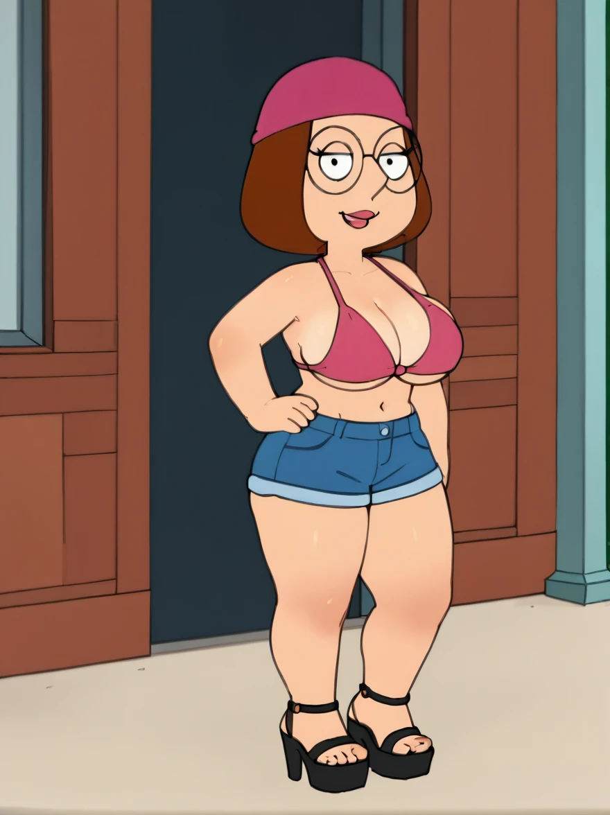 meg, brown hair, 1girl, glasses, solo, short hair, flat color, blue booty shorts, beanie, pink bikini top,standing, hand on own hip, looking at viewer, smile, massive breasts, sideboobs, thick thighs, thin waist, tall open-toe platform high heels