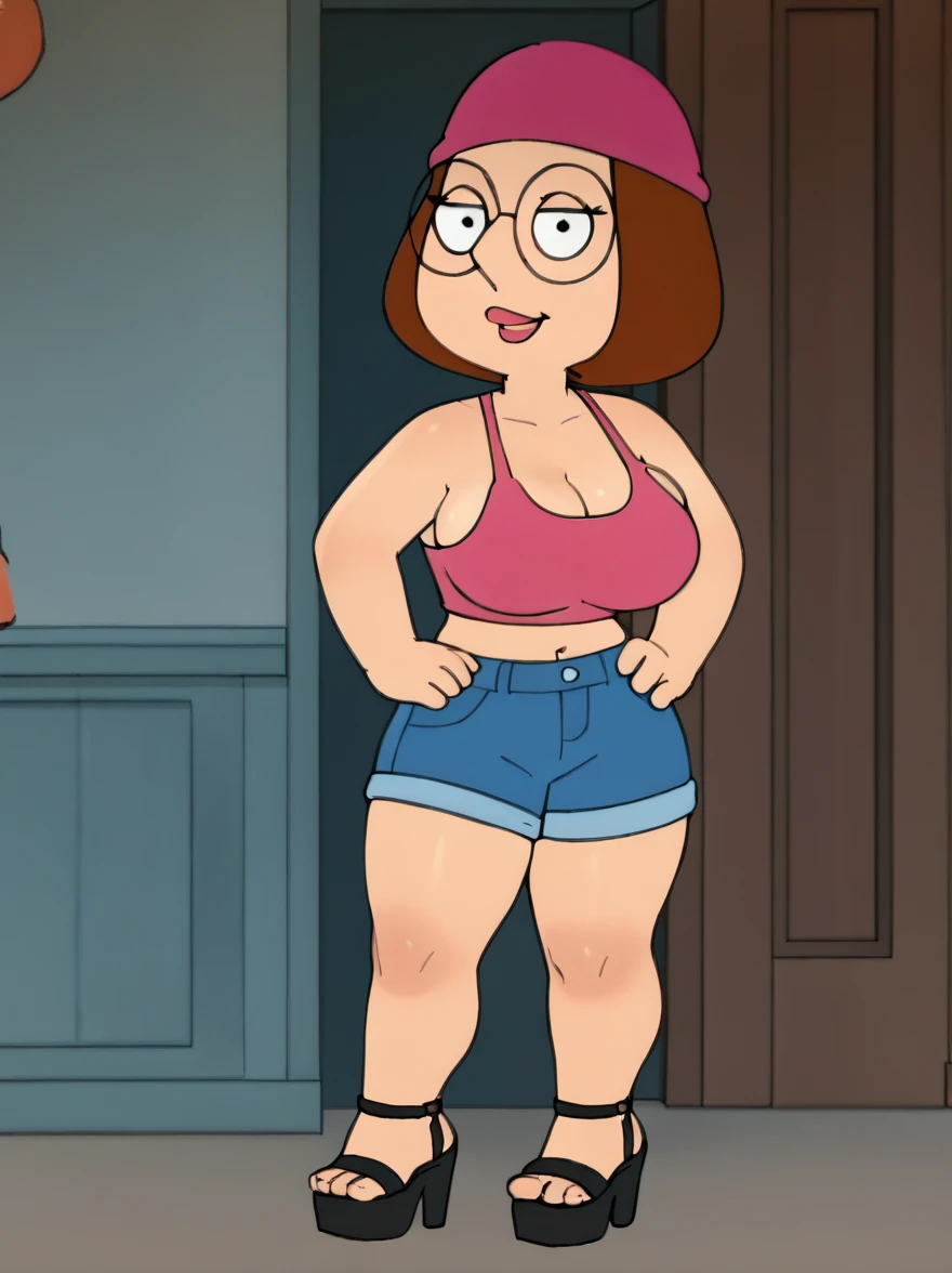 meg, brown hair, 1girl, glasses, solo, short hair, flat color, blue booty shorts, beanie, pink bikini top,standing, hand on own hip, looking at viewer, smile, massive breasts, sideboobs, thick thighs, thin waist, tall open-toe platform high heels
