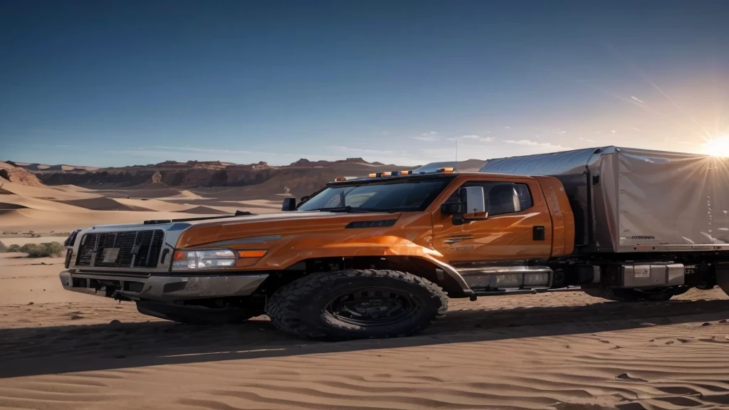 a highly detailed photorealistic image of a truck in the desert, side view, solar panels on the cargo area, dramatic lighting, cinematic composition, orange and blue color tones, hyper-realistic, 8k, best quality, masterpiece, ultra-detailed, physically-based rendering, vibrant colors, volumetric lighting, dynamic shadows, cinematic camera angle