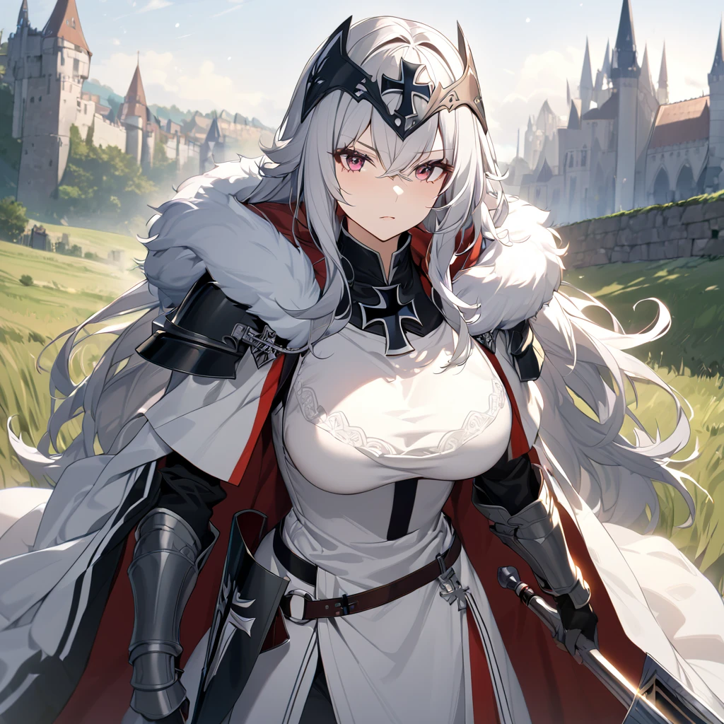 A woman wearing medieval Teutonic armor, wearing a white tunic, black iron cross drawn on the tunic, metal bracelet, metal boots, holding a steel sword,Teutonic Helm, white fur cape, long cape, large breasts, burgundy eyes, silver hair , long hair, serious face, on a dirt walk in an open medieval field, with medieval aesthetics of the place, castle in the background.UHD , prime work , accurate , anatomically correct , textured skin , super details , high quality , best quality, 8k, high resolution, bokeh effect. (woman alone)
