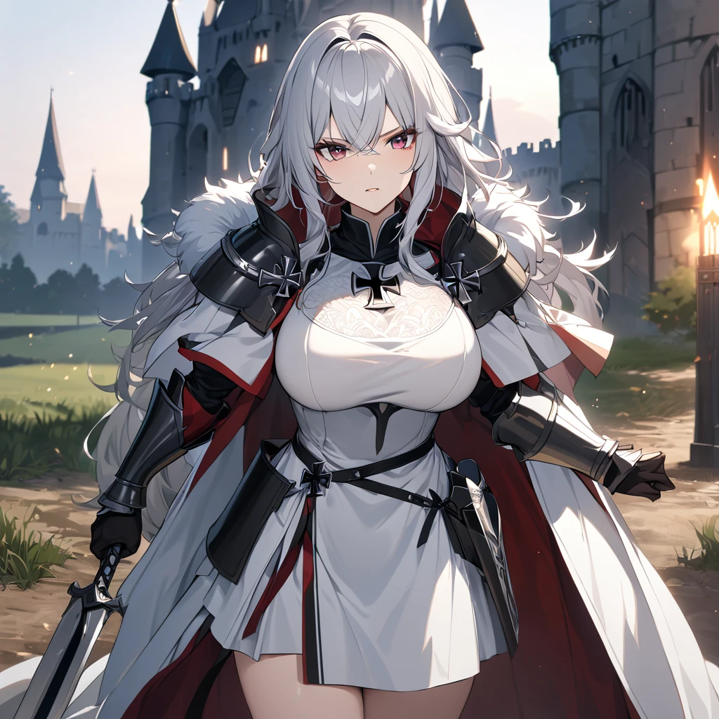 A woman wearing medieval Teutonic armor, wearing a white tunic, black iron cross drawn on the tunic, metal bracelet, metal boots, holding a steel sword,Teutonic Helm, white fur cape, long cape, large breasts, burgundy eyes, silver hair , long hair, serious face, on a dirt walk in an open medieval field, with medieval aesthetics of the place, castle in the background.UHD , prime work , accurate , anatomically correct , textured skin , super details , high quality , best quality, 8k, high resolution, bokeh effect. (woman alone)
