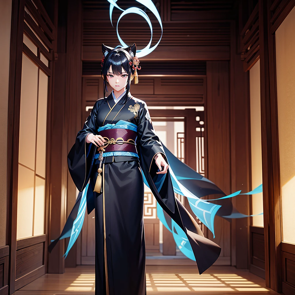Gabriel is standing inside an ancient Chinese structure, surrounded by several rooms and towers dating back to an ancient era. He wears an elegant black kimono, adorned with subtle details and ancient symbols, reflecting a harmonious blend of samurai art and Chinese elements. His katana is a blade of vibrant blue energy, that appears to be made of pulsating electric rays, standing out against the historic and serene backdrop of the ancient structure. Gabriel's wings are made of pure energy, looking like luminous feathers that glow softly, complementing its celestial aura in this magnificent oriental setting.