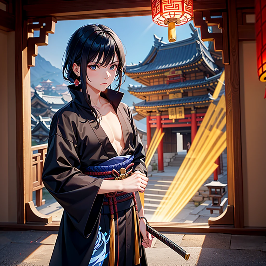 Gabriel is standing inside an ancient Chinese structure, surrounded by several rooms and towers dating back to an ancient era. He wears an elegant black kimono, adorned with subtle details and ancient symbols, reflecting a harmonious blend of samurai art and Chinese elements. His katana is a blade of vibrant blue energy, that appears to be made of pulsating electric rays, standing out against the historic and serene backdrop of the ancient structure. Gabriel's wings are made of pure energy, looking like luminous feathers that glow softly, complementing its celestial aura in this magnificent oriental setting.