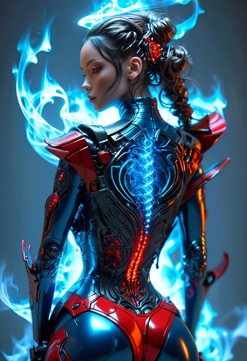 Female figure, cyberpunk, metallic blue and red swirly body, vest filigree, ignition soul flame from hair, biomechanics parts, cyberpunk world