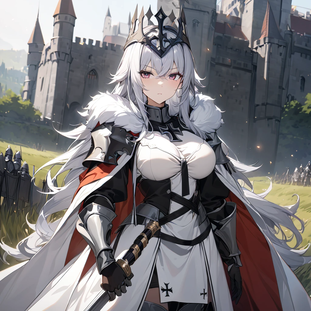 A woman wearing medieval Teutonic armor, wearing a white tunic, black iron cross drawn on the tunic, metal bracelet, metal boots, holding a steel sword,Teutonic Helm, white fur cape, long cape, large breasts, burgundy eyes, silver hair , long hair, serious face, on a dirt walk in an open medieval field, with medieval aesthetics of the place, castle in the background.UHD , prime work , accurate , anatomically correct , textured skin , super details , high quality , best quality, 8k, high resolution, bokeh effect. (woman alone), close view
