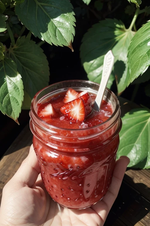 A close-up of the strawberries in the pink strawberry jam, with ice cubes and green leaves scattered on top. The color is bright red and very attractive. It's very realistic, and you can see all kinds of fresh fruits inside the jar. There was an overall texture of water droplets and drops on it. This scene gives people a relaxed feeling, as if they were sitting in the style of to enjoy the delicious taste of fruit sauce.
