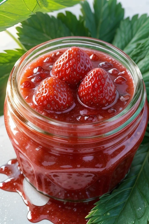 A close-up of the strawberries in the pink strawberry jam, with ice cubes and green leaves scattered on top. The color is bright red and very attractive. It's very realistic, and you can see all kinds of fresh fruits inside the jar. There was an overall texture of water droplets and drops on it. This scene gives people a relaxed feeling, as if they were sitting in the style of to enjoy the delicious taste of fruit sauce.