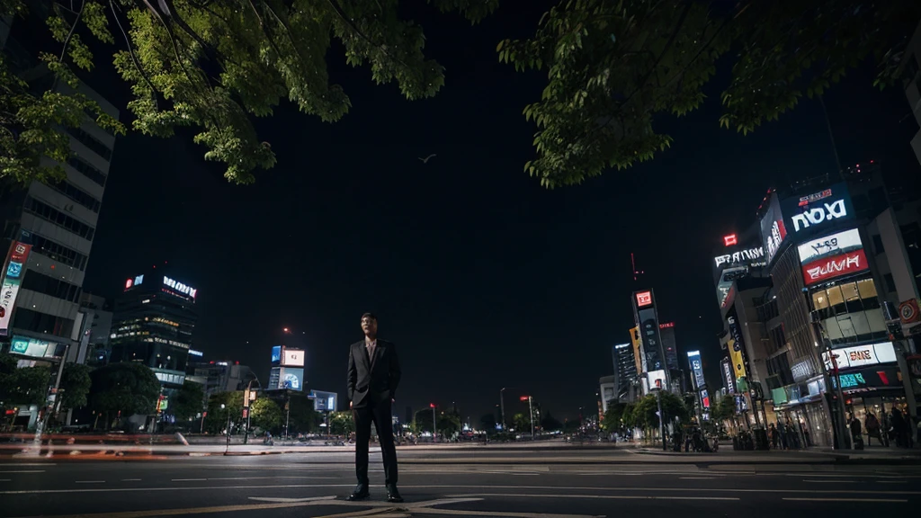 a man (Indonesia) in a floating , standing position in the air, black suit ,in the middle of the city, Shibuya, night, around the man there are many leaves rotating around him, Hollywood movie scene, realistic, 8k, wide angle 16 mm lens , the man is far away from camera