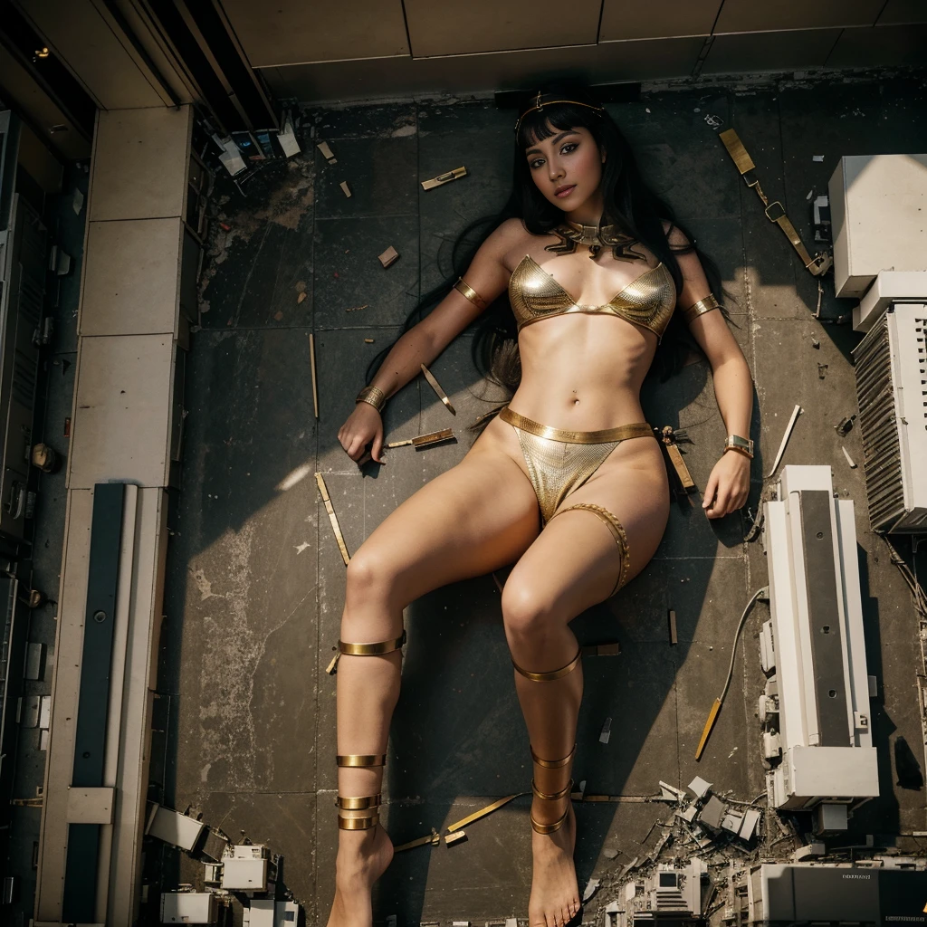 Cleopatra ,Full body photo,GTSCity,sky-scrapers, big ,(long legs:1.2),Extremely tall girl,Beautiful appearance,no branding,perfect lightning,Kinoqualität,8K,good quality,(GTS:1.5),Aerial photography, Building Headquarters, abdomen, shrunken people on the floor