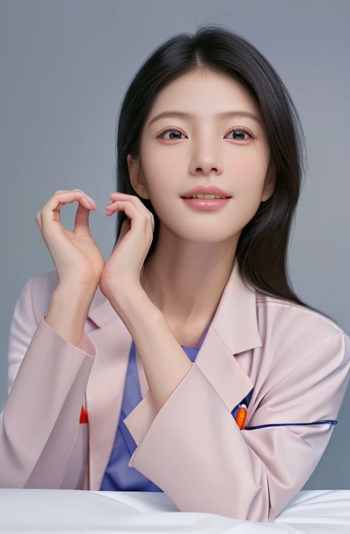 cowboy shot:1.2), looking at viewer, smiling elegant slim asian woman, Korean, wearing (labcoat over scrubs:1.4), black hair, (heart hands), (modern surgery room), photo, 1girl, ultra high res, realistic photorealistic, ultra-detailed, finely detailed, high resolution, perfect dynamic composition, (perfect eyes), (detailed eyes), solid circle eyes, sparkling eyes, (clean eyes), anatomically correct, super detail, textured skin, extremely detailed face and eyes, detailed facial features, ((perfect face)), wide hips