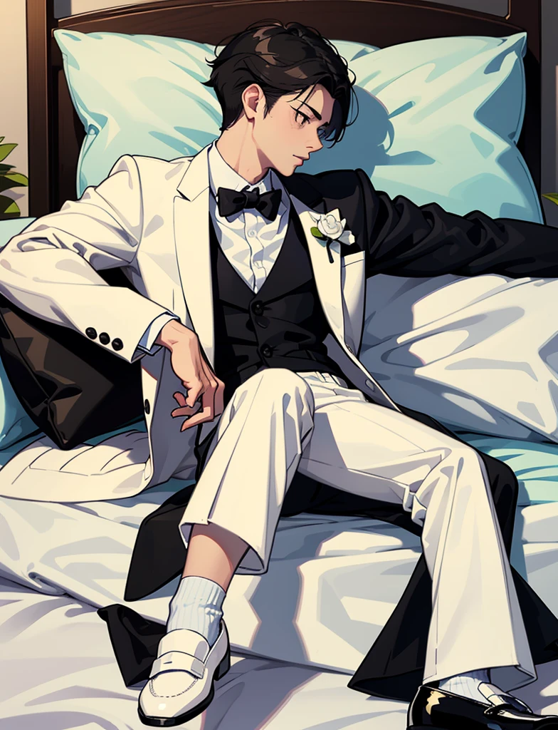 a young boy, with white shirt, formal cloth pants and black shoes. He falls into a bed, fall backwards, handsome man. He falls sideways on a hotel bed. fall tired. tired expression 