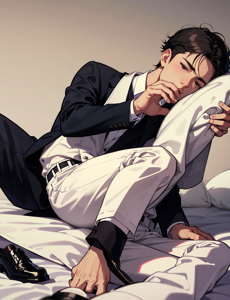 a young boy, with white shirt, formal cloth pants and black shoes. He falls into a bed, fall backwards, handsome man. He falls sideways on a hotel bed. fall tired. tired expression 