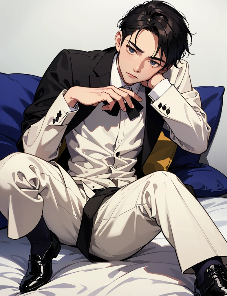 a young boy, with white shirt, formal cloth pants and black shoes. He falls into a bed, fall backwards, handsome man. He falls sideways on a hotel bed. fall tired. tired expression