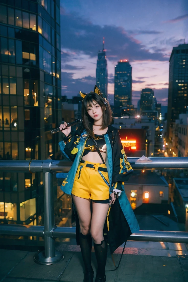 (POV). The (nations) cute mecha girl with (hairstyle), headphone, dresssed in black mecha-jacket with some katana, there is cute mecha-doll-bot by side hef. Standing on the top of highest building with city night view.  natural lighting, cinematic, high quality, 8k, photorealistic, masterpiece, hyper detailed, intricate details, sharp focus, vivid colors