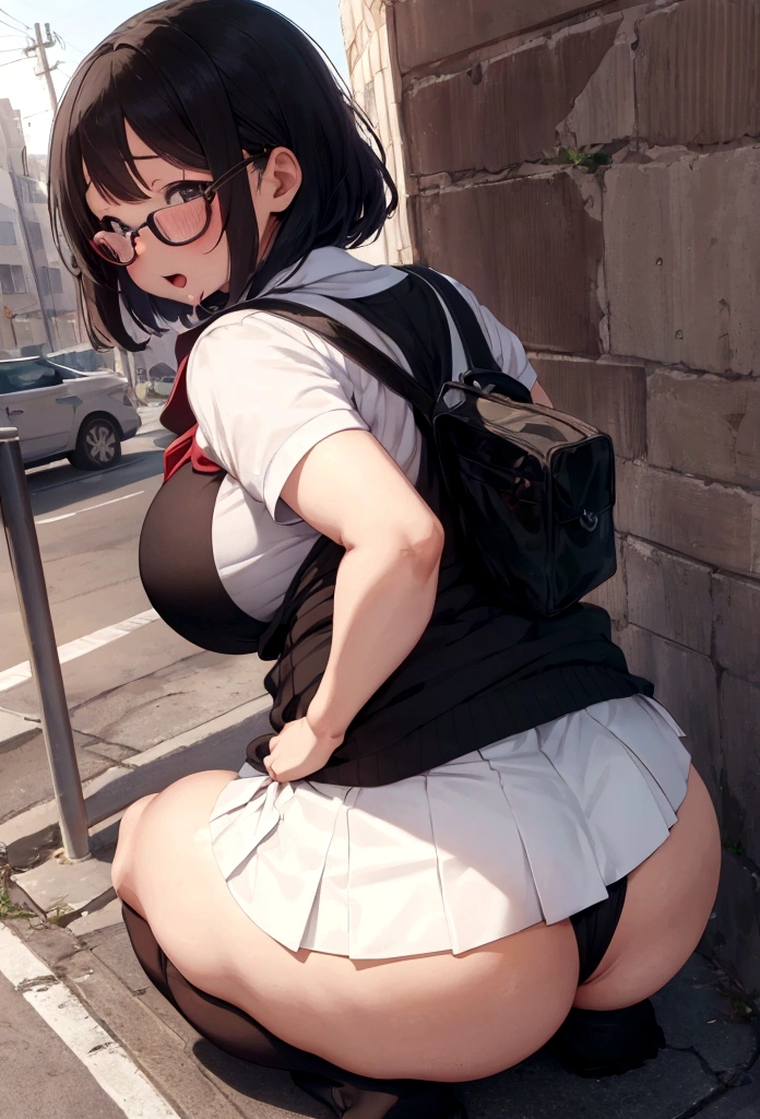 Anime girl walking down the street in a short skirt and glasses, {toilet}, a hyperRealistic , Gwaiz, hyperRealistic , Realistic , (SFW) Safe at Work, , artwork in the style of Gwaiz, chic, Beautiful anime girl crouching, high school girl, Anime Moe Art Style, Enchanting anime girl,(masterpiece), (One serious civil service commissioner: 1.3), (Super thick and plump body: 1.3), (Huge breasts and buttocks)), (Small Head: 1.2), (Very small uniform)), (Shiny skin: 1.2), (A speech while crouching in the stands in the schoolyard in the morning)), 1boy, penis, doggystyle, from behind, spreadassms, chubby body, fat body, short,ultra detailed, masterpiece, best quality, blush, a woman, rolling eyes, open mouth, school girl, wearing , wearing glasses, classroom, sunset, light particles, hdr, brown grey hair, midium wavy hair, shiny hair, bang, single braid, clear grey eyes, Smiling Kiss, Rolling Eyes, Tongue Out, アニメ ,orgasm face, sexual climax, bitch, back shot, back view, low angle, from below, back view, arched back, looking back, all fours, chubby body, BIG ASS , ahegao, saliva, BBW, slender waist, anal, seiza, hands on head, rolling eyes, white eyes, Hand Drawn, Showing Ass, Bobcut, Ahegao, White of the eyes, Knee socks, {Poop sitting}, (Super thick and plump body: 1.3), {Butt sticking out}, Close your legs, seiza, spread legs, pleated skirt, Stretch your arms back, long pleated skirt, I can&#39;t see your butt, Buttocks hide, Reverse cowgirl position, Arm grab back,　Arms folded behind back, Super big butt, Awesome numbness , Plump , Chubby , Scat, fat, Butt sticking out,(From directly behind), {squat}, {Spread your ass}