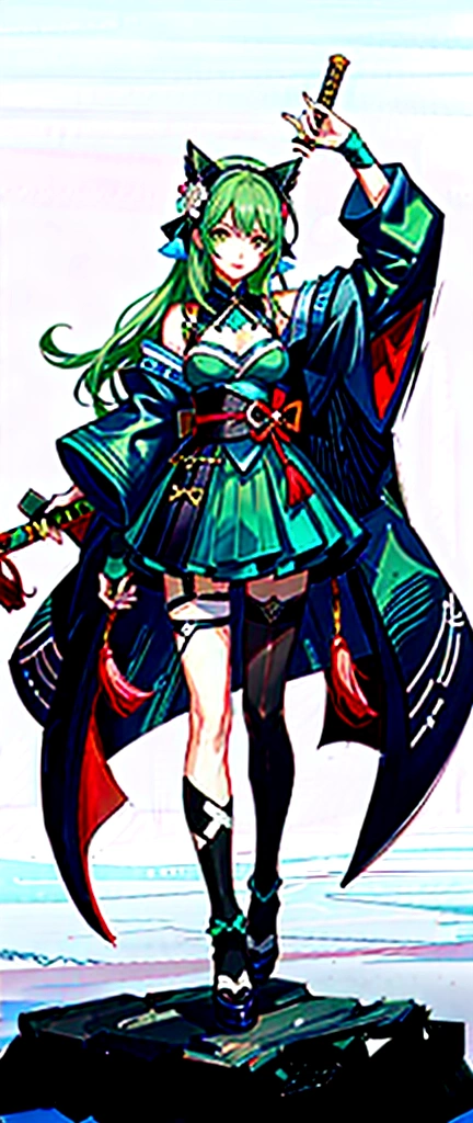 Yamata no Orochi personified))) (Beautiful woman in training), Snake print tights, (((Japanese style clothing, gothic, ta))) (Dark green hair), (Holding a Japanese sword)