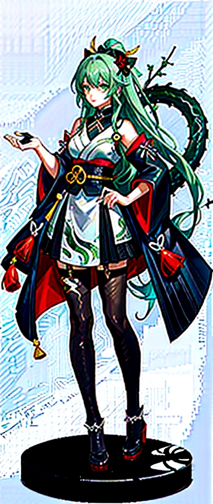 Yamata no Orochi personified))) (Beautiful woman in training), Snake print tights, (((Japanese style clothing, gothic, ta))) (Dark green hair), (Holding a Japanese sword)