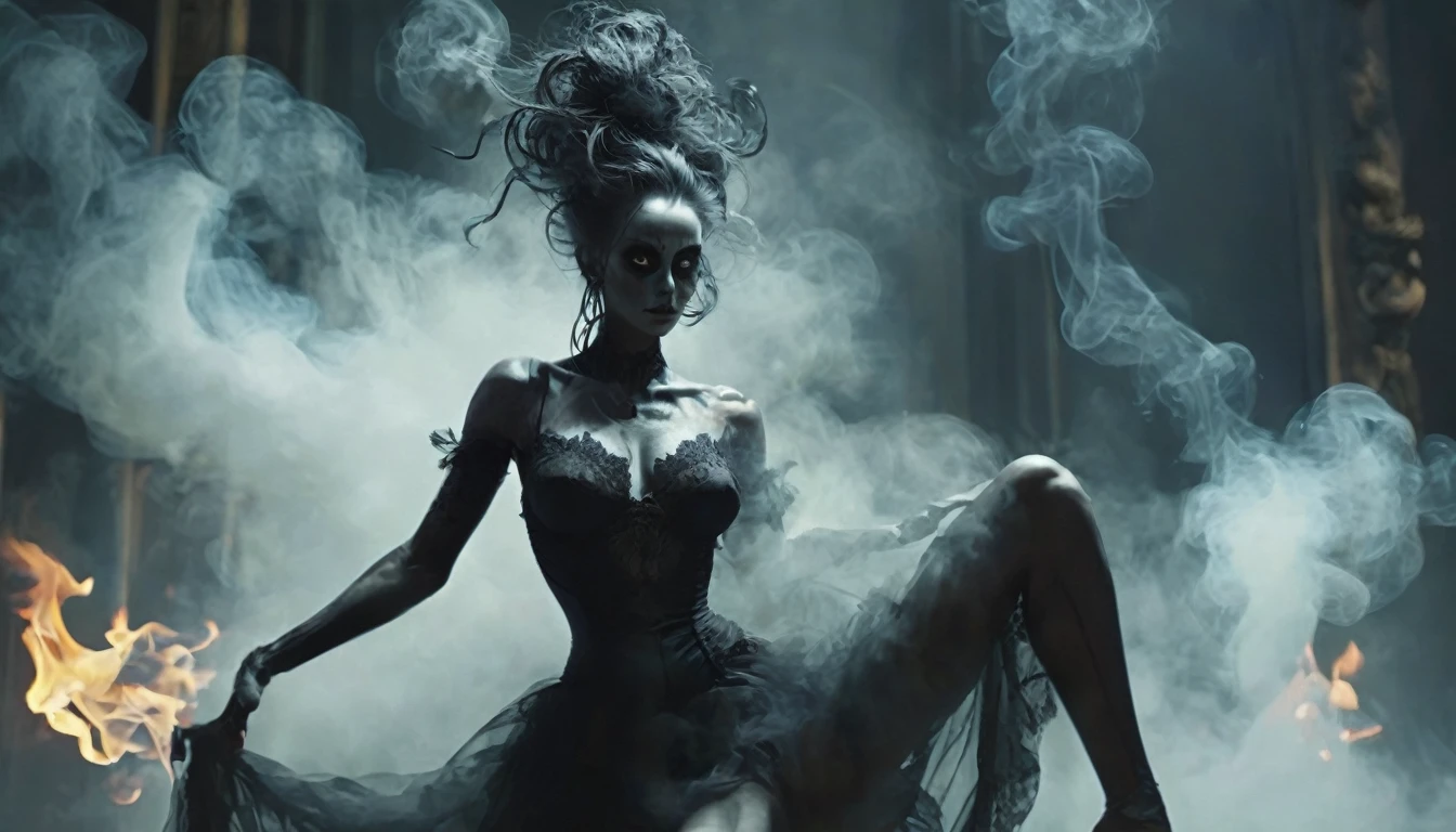 A creature of smoke, a face forms from the darkness, eyes of pure black, voodoo queen, seductive, full body arms at her side, very skinny and tall with large breasts, photorealism, beautiful supermodel, gothic, cinematic, dancing seductively arms raised, black smoke specters ghosts flowing all around
