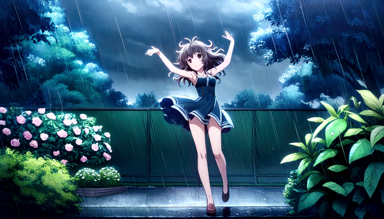 score 9, source anime, wide shot, a young girl dancing in the rain, dynamic pose, perfect face, playful expression, messy hair, wet skin, rain drops, outdoor garden scene, lush green foliage, overcast sky, dramatic lighting, moody colors, cinematic, best quality, 8k, highres, masterpiece, ultra-detailed,