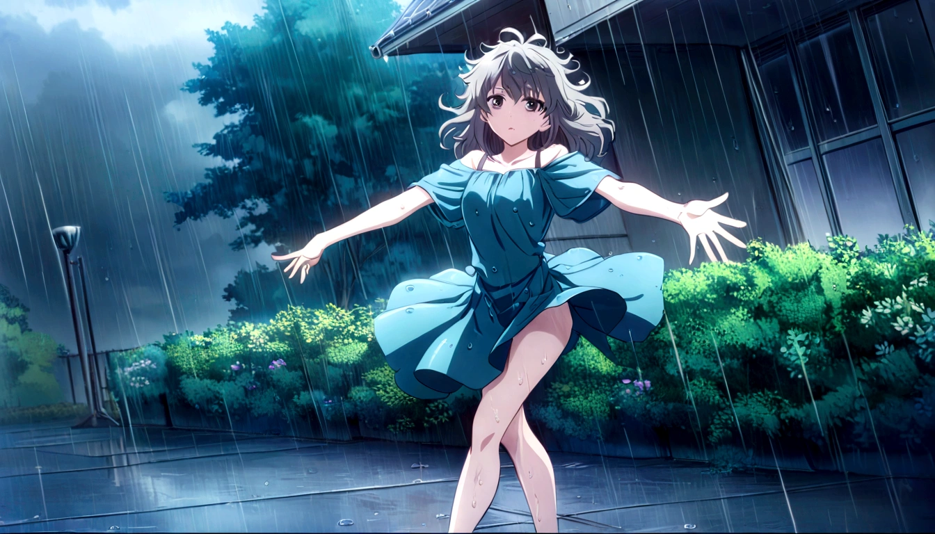 score 9, source anime, wide shot, a young girl dancing in the rain, dynamic pose, perfect face, playful expression, messy hair, wet skin, rain drops, outdoor garden scene, lush green foliage, overcast sky, dramatic lighting, moody colors, cinematic, best quality, 8k, highres, masterpiece, ultra-detailed,