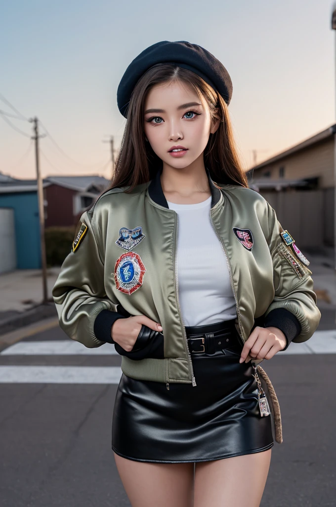 ((Masterpiece)), ((Best Quality)), (Ultra-Detailed), (Raw Shooting), (Photo Realistic), ((Kawaii)), Cute, ((Extremely Detailed)), (Detailed Eyes), (Detailed Facial Features), (Detailed Fingers), (Detailed Clothes Features), Best Quality, (Beautiful), (Cowboy Shot:1.3), (suburban neighborhood:1.3), sunset, A Pretty Woman, Solo, (Satin bomber jacket Combat Uniform:1.3), (Satin Skirt:1.3), (Black Combat Beret:1.2), Beautiful Light Brown hair, Beautiful Blue Eyes, ((Beautiful Eyes)), Long Hair, White Teeth, (Hold a Assault Rifle at The Ready 1.3), (Great Joy:1.2), Shine with Colored Light, Shiny