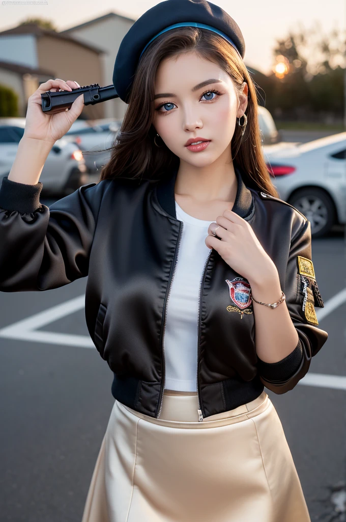 ((Masterpiece)), ((Best Quality)), (Ultra-Detailed), (Raw Shooting), (Photo Realistic), ((Kawaii)), Cute, ((Extremely Detailed)), (Detailed Eyes), (Detailed Facial Features), (Detailed Fingers), (Detailed Clothes Features), Best Quality, (Beautiful), (Cowboy Shot:1.3), (suburban neighborhood:1.3), sunset, A Pretty Woman, Solo, (Satin bomber jacket Combat Uniform:1.3), (Satin Skirt:1.3), (Black Combat Beret:1.2), Beautiful Light Brown hair, Beautiful Blue Eyes, ((Beautiful Eyes)), Long Hair, White Teeth, (Hold a Assault Rifle at The Ready 1.3), (Great Joy:1.2), Shine with Colored Light, Shiny