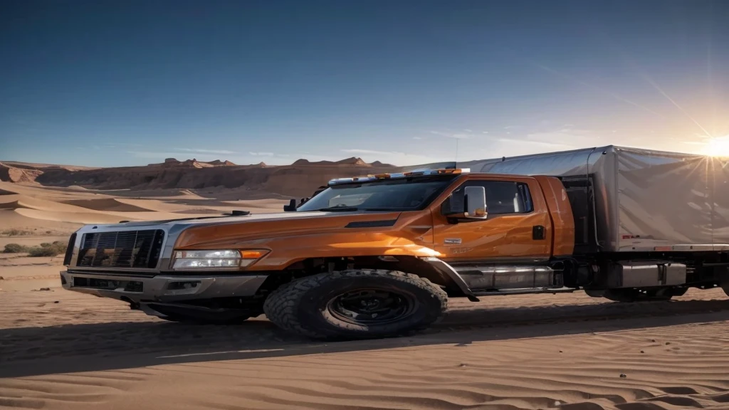 a highly detailed photorealistic image of a truck in a road close the desert, side view, solar panels on the cargo area, dramatic lighting, cinematic composition, orange and blue color tones, hyper-realistic, 8k, best quality, masterpiece, ultra-detailed, physically-based rendering, vibrant colors, volumetric lighting, dynamic shadows, cinematic camera angle