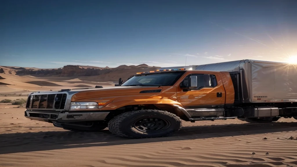 a highly detailed photorealistic image of a truck in a road close the desert, side view, solar panels on the cargo area, dramatic lighting, cinematic composition, orange and blue color tones, hyper-realistic, 8k, best quality, masterpiece, ultra-detailed, physically-based rendering, vibrant colors, volumetric lighting, dynamic shadows, cinematic camera angle