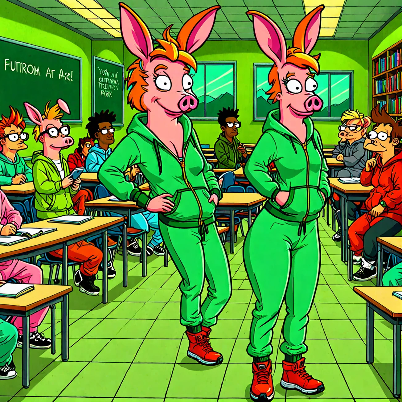 Fry, Large Breasts, Pig Face, Bunny Ear, Green Tracksuit, lava in Floor, Classroom, Style of Futurama 