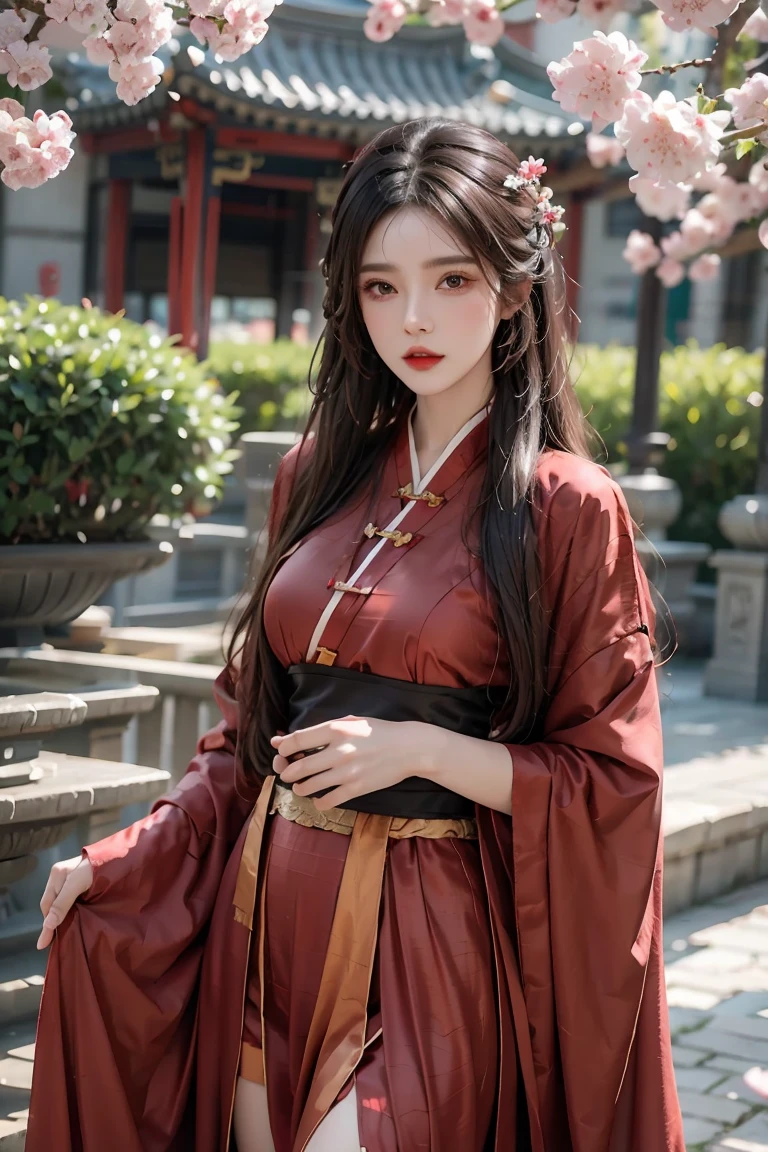 female,masterpiece, realistic, best quality, ultra detailed, cowboy_shot, long hair, white hair, red lips, jewelery,hanfu, kungfu wear, colorful clothing,cherry blossom,thighhighs