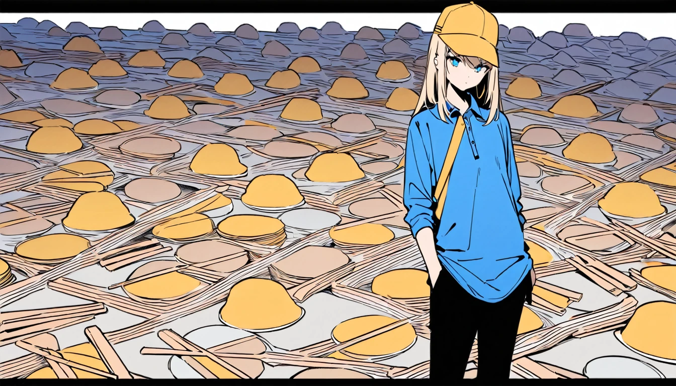 flat color,(best quality, masterpiece, ultra highres, ultra-detailed:1.2) , top-tier quality, tween girl,((There are too many beige disposable chopsticks on the floor)),plain Yellow cap,plain Sky-Blue Polo-Shirt,black pants,blank space,white background,White floor,