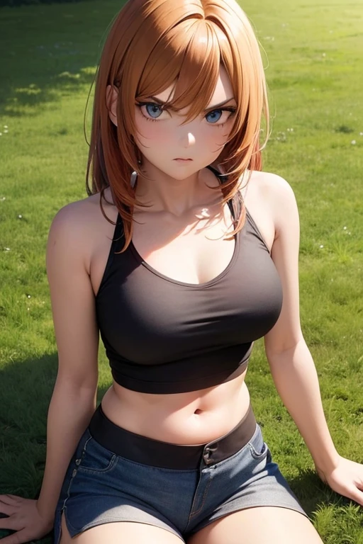 Girl with caramel-colored hair above her shoulders, with a black sports top, showing her belly, short shorts and blue eyes, looking with an angry look. detailed painting, sitting on a low grass plain