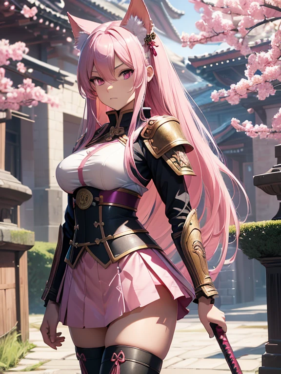 Digital art, 4K/8K, solo, RPG, fantasy, warrior girl, very long pink hair, pink eyes, kitsune woman, determined, heroic, intricate samurai armor, sexy armor, intricate miniskirt, sakura tree scenery, intricate stocking