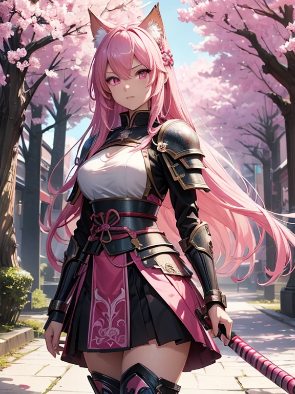 Digital art, 4K/8K, solo, RPG, fantasy, warrior girl, very long pink hair, pink eyes, kitsune woman, determined, heroic, intricate samurai armor, sexy armor, intricate miniskirt, sakura tree scenery, intricate stocking