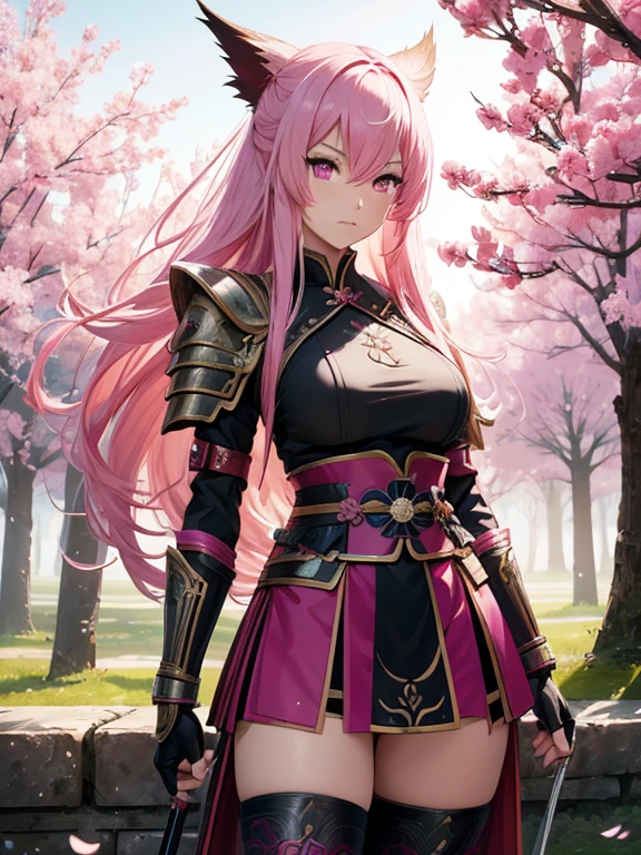 Digital art, 4K/8K, solo, RPG, fantasy, warrior girl, very long pink hair, pink eyes, kitsune woman, determined, heroic, intricate samurai armor, sexy armor, intricate miniskirt, sakura tree scenery, intricate stocking