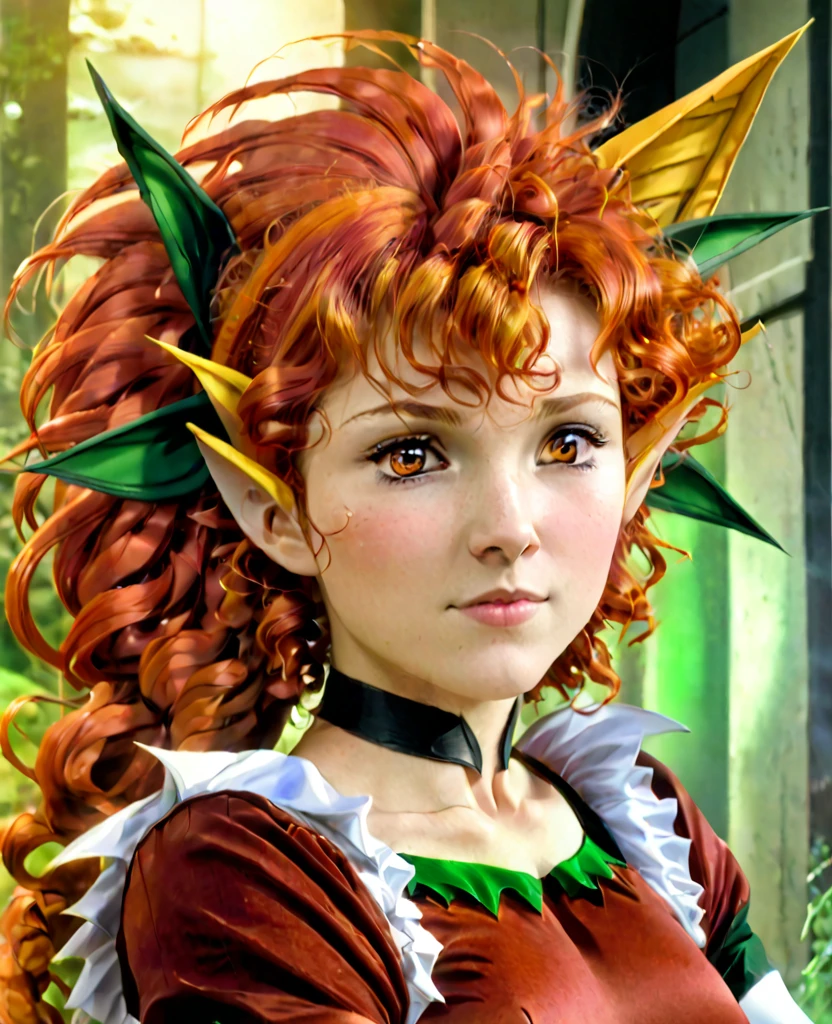 Surreal beautiful elf, curly red hair, face detailed,pointy cat ears,  very big , HD, 4K 