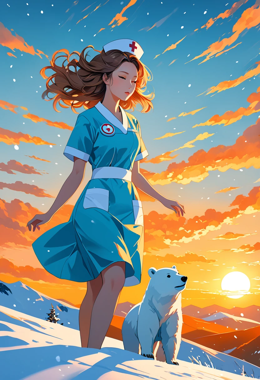 high end korea abstract art style, oil painting art, close up shot: Intrepid nurse in cyan scrubs atop snowy Alaskan hill, engaged in playful with cute curious polar bear. Golden hour backlighting creates ethereal glow. dramatic shadow, Dutch angle emphasizes dynamic poses. Crisp details: wind-tousled hair, steaming breath, textured fur. Snow swirls dramatically. Cyan and white palette punctuated by vibrant orange sunset. 8K resolution.