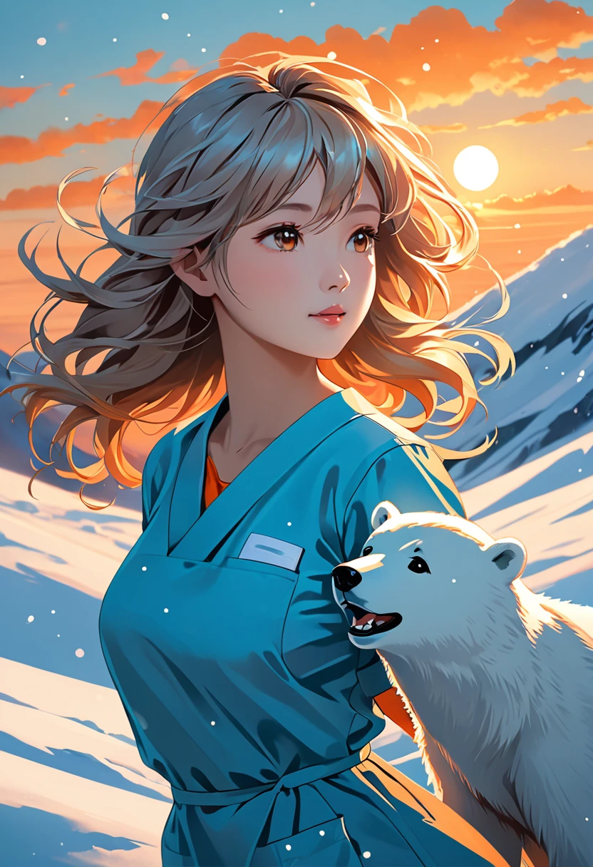 high end korea abstract art style, oil painting art, close up shot: Intrepid nurse in cyan scrubs atop snowy Alaskan hill, engaged in playful with cute curious polar bear. Golden hour backlighting creates ethereal glow. dramatic shadow, Dutch angle emphasizes dynamic poses. Crisp details: wind-tousled hair, steaming breath, textured fur. Snow swirls dramatically. Cyan and white palette punctuated by vibrant orange sunset. 8K resolution.