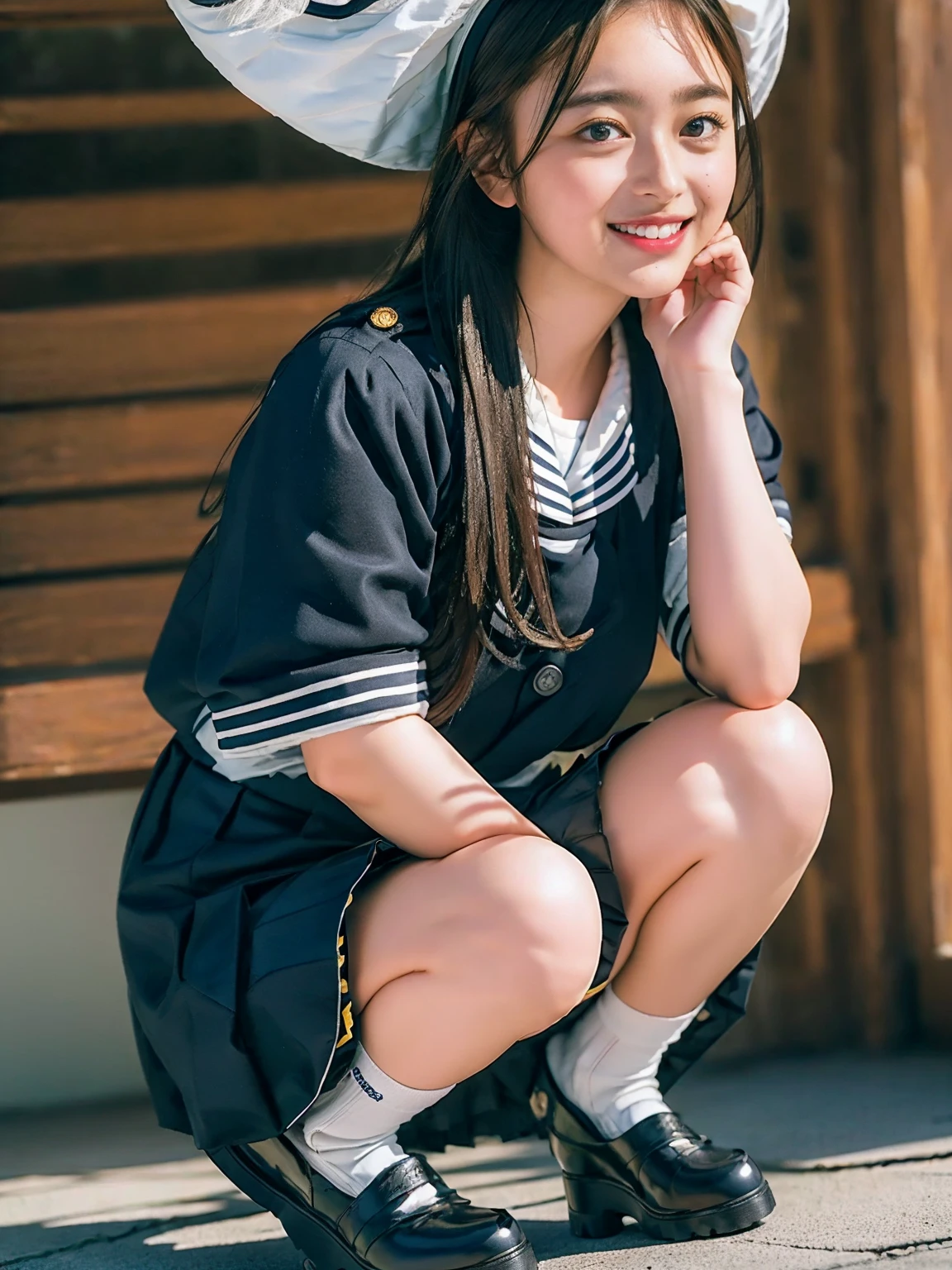 ((highest quality、8k、masterpiece:1.3)),((((fullbody shot)))),Ultra-high resolution,big eyes,Japanese,bangs,(a girl),(1 girl),((20 years old)),((facing at viewer)),(long hair),(((black sailor uniform))),grin,((squatting)),(pleated mini skirt),(((pussy))),((pubic hair)),((skirt lift)),(((black short crew socks))),(((platform shoes)))