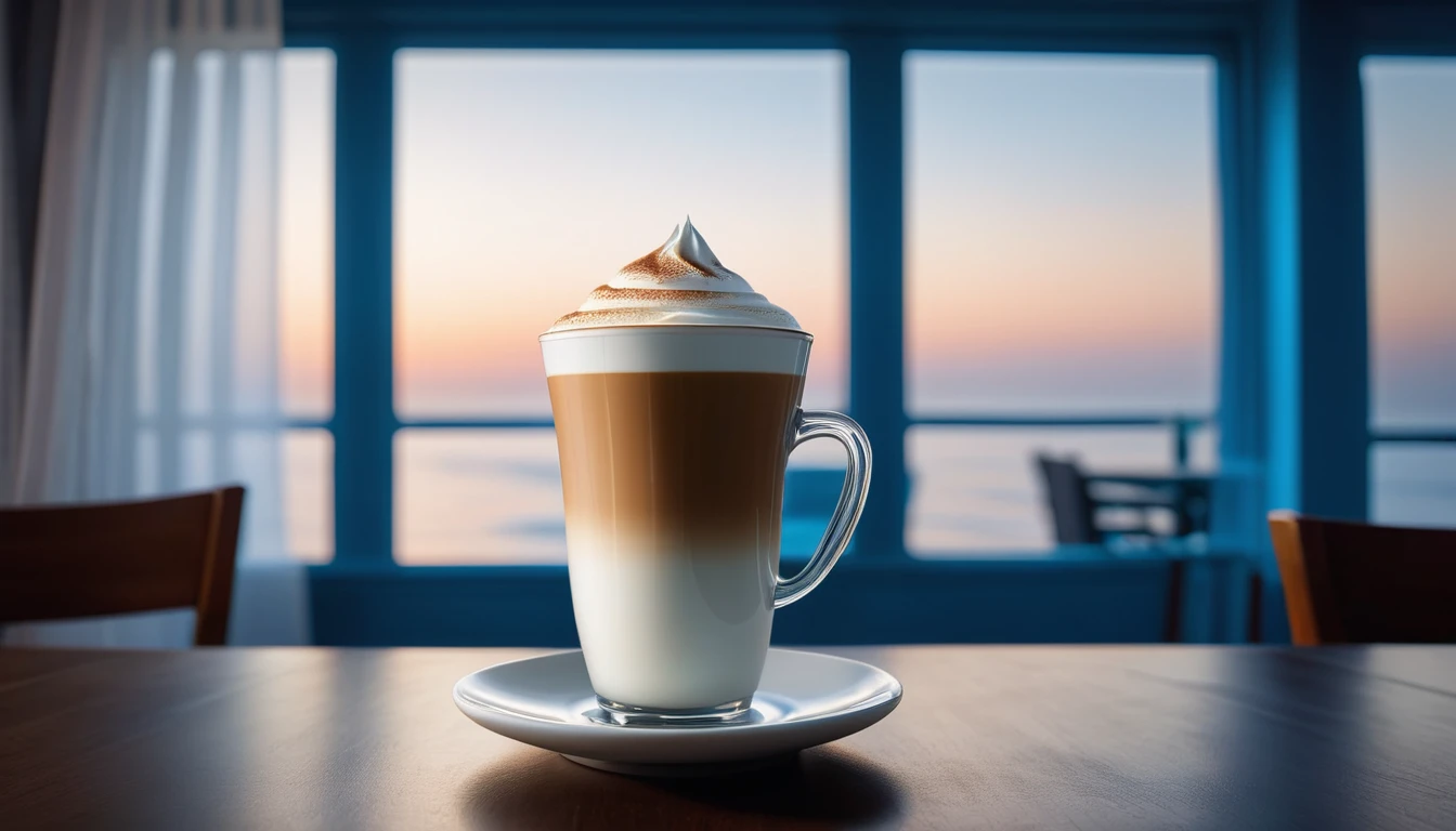 a cup of latte.darkroom, night, desk,There is a small potted plant on the table. a cup of coffee, soft shadow, Stylish modern, glowing screen, Cold blue light, Flowing transparent white curtains.Window looking out onto the fishing port and sea view, Very detailed,tone texture.Obvious contrast of light and shadow.High-end and textured.half-length view , 50mm , f/1.8 , shutter speed 1/60 , ISO 50 ,Color temperature 4000k, masterpiece.first-person view