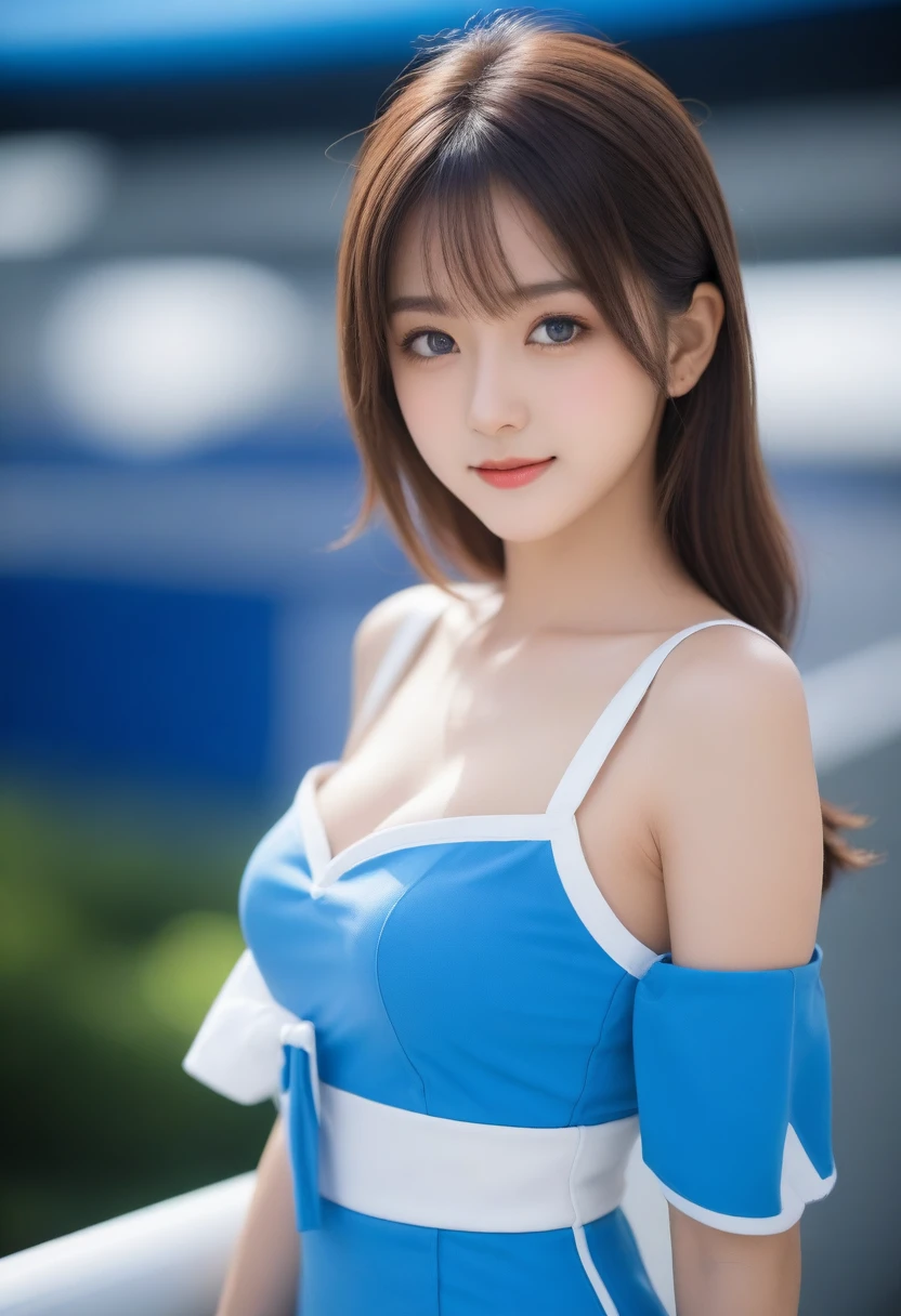 8K, Ultra-high resolution, Highest quality, masterpiece, 三分割法によるphotograph,Surreal, photograph, 1 Girl, (:1.3), pretty girl, Cute face, Beautiful eyes in every detail, 細かくdetailedに,masterpiece,, One Girl:1.2, Japan Female Announcer, Virginia Otis 15 year old girl、美しい cyborg mixed maid female, Mecha Cyborg Girl,Mecha Body Girl,blue sky, Confetti, Racing Car, flag, Small face, Very delicate facial expressions, Delicate eye depiction, Very fine hair, Upper body close-up, erotic, The only sexy Japanese woman, Healthy body shape, 16 years oldeen, Large, firm, swaying bust, Sexy long legs, Glowing Skin, Soft Skin, 派手なRace Queenのコスチューム, Blue tight skirt, White Leather Long Boots, Formula 1, Auto Racing Track,Beautiful leg line beauty,Captivating thighs,Full of sex appeal,Sensual,A carefree smile,Heal the heart,Short ponytail、beauty,Long neck、Laugh a little、Please close your mouth and laugh、(((Ideal body type))),A cup small breasts :2,、Portraiture:2、Perfect Anatomy、鮮明なdetailed、detailed、Surreal、Light and shadow,Strong light