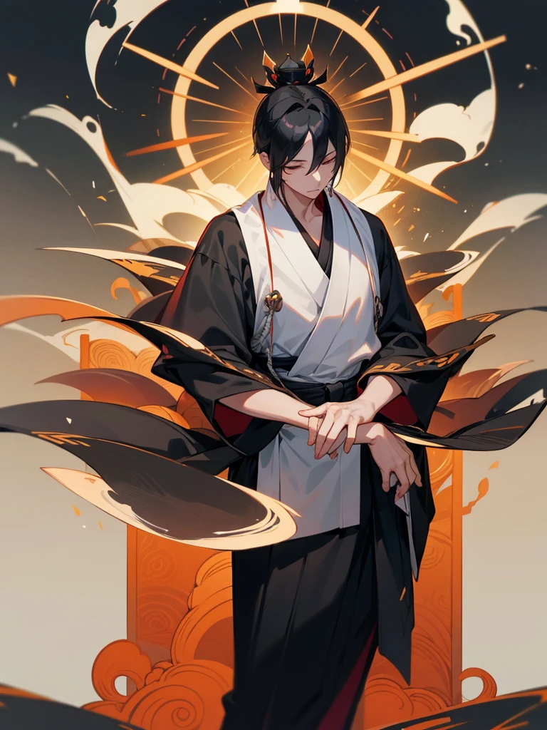 Short black hair, young man, Bodhisattva crown, black and white hakama, Zen meditation, sutra