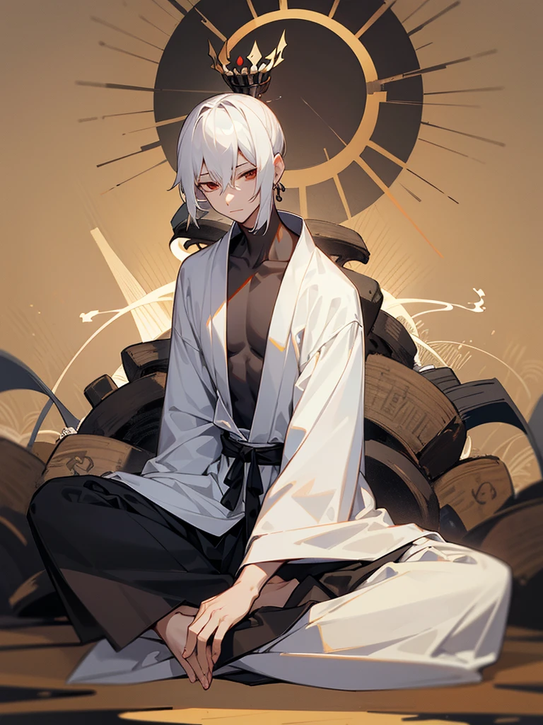 Short black hair, young man, Bodhisattva crown, black and white hakama, Zen meditation, sutra