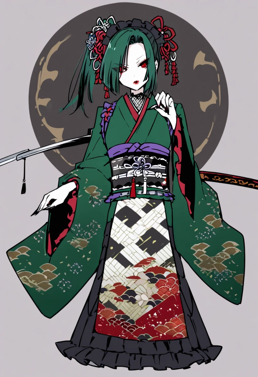 Yamata no Orochi personified))) (Beautiful woman in training), Snake print tights, (((Japanese style clothing, gothic, lolita))) (Dark green hair), (Holding a Japanese sword)