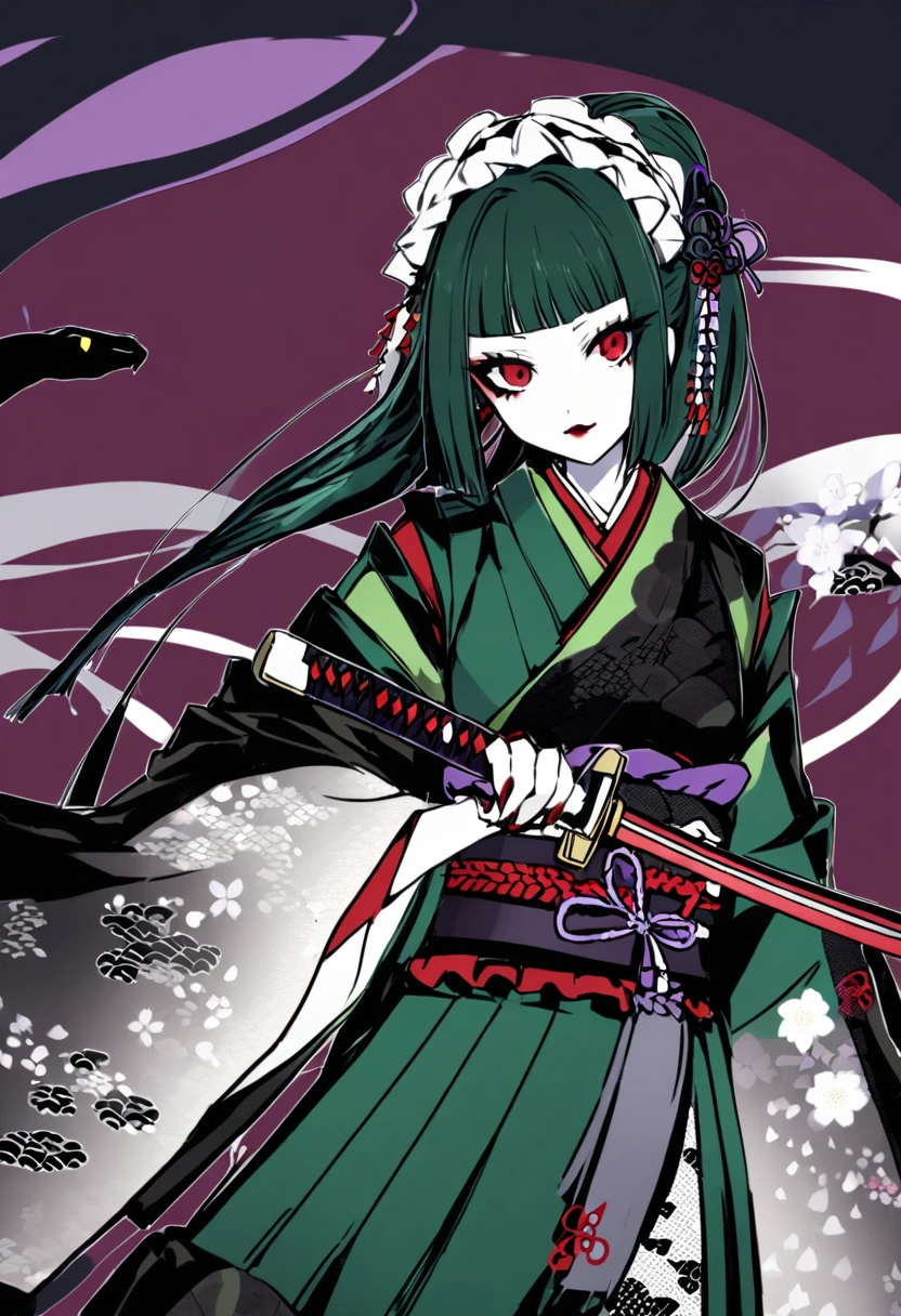 Yamata no Orochi personified))) (Beautiful woman in training), Snake print tights, (((Japanese style clothing, gothic, ta))) (Dark green hair), (Holding a Japanese sword)