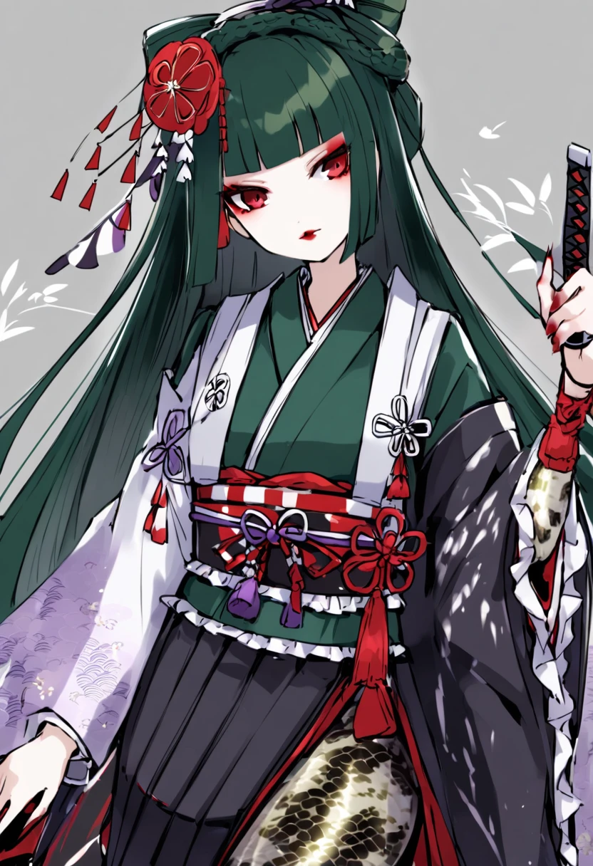 Yamata no Orochi personified))) (Beautiful woman in training), Snake print tights, (((Japanese style clothing, gothic, ta))) (Dark green hair), (Holding a Japanese sword)
