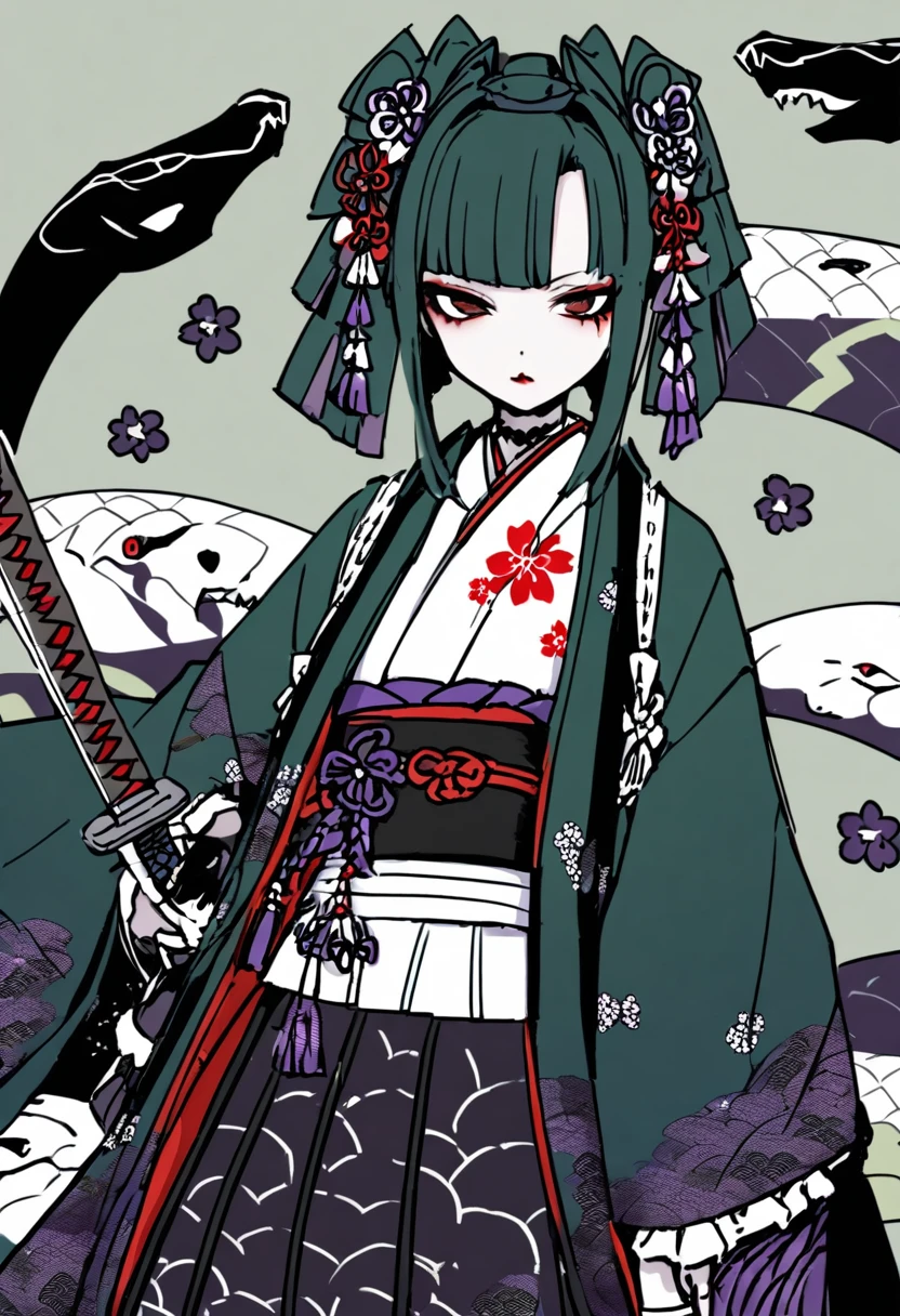Yamata no Orochi personified))) (Beautiful woman in training), Snake print tights, (((Japanese style clothing, gothic, lolita))) (Dark green hair), (Holding a Japanese sword)